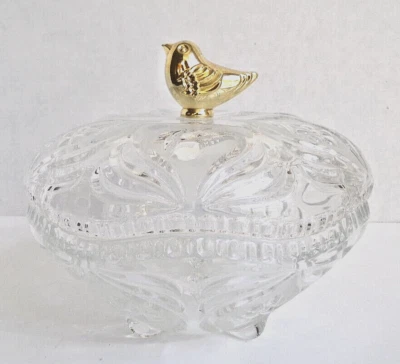 Plato y tapa de diente de sierra de caramelo de vidrio transparente vintage con pájaro dorado raro, 5,5" de altura Foto 1 de 4