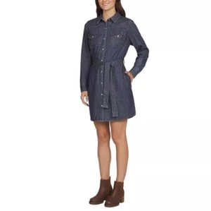 Wrangler Retro L Cotton Denim Pearl Snap Western Shirt Dress Layering Duster - Picture 1 of 7