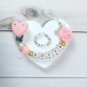 Schnullerkette Nuckelkette Armband Set mit Namen Silikon rosa weiß gold - Bild 1 von 1