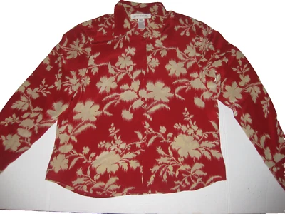 Vintage Womens Jones NY 100% Silk Long Sleeve Red and White Flower Blouse Sz 6 - Image 1 of 4