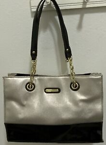 Anne Klein Nylon & Patent Leather Shoulder Hand Bag Black and Silver Large