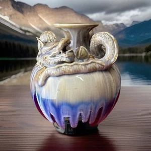 Große Vintage schöne asiatische braune & blaue Salzglasur Keramik Drachen Vase - Bild 1 von 21