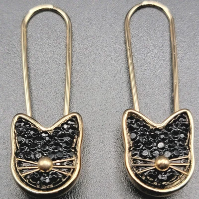 Gold Tone Bella & Jack Black Crystal Cat Safety Pin Dangle Earrings Reversible 2 - Image 1 of 4