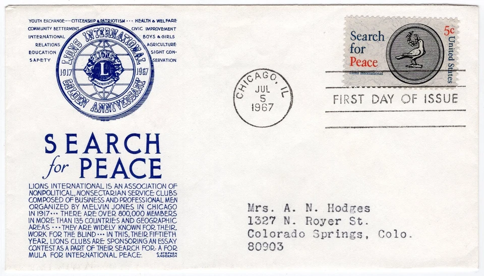 1967 FDC 1326 Lions International; Search for Peace, C. S. Anderson blue cachet - Image 1 of 1