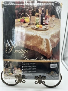 60x84 Rectangular Gold Fringe Tablecloth Damask Look Polyester Scrolling Pattern - Picture 1 of 11