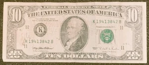 1995 Ten Dollar Circulated Note w/Stamped Boycott Jane Fonda Message on Reverse - Picture 1 of 2