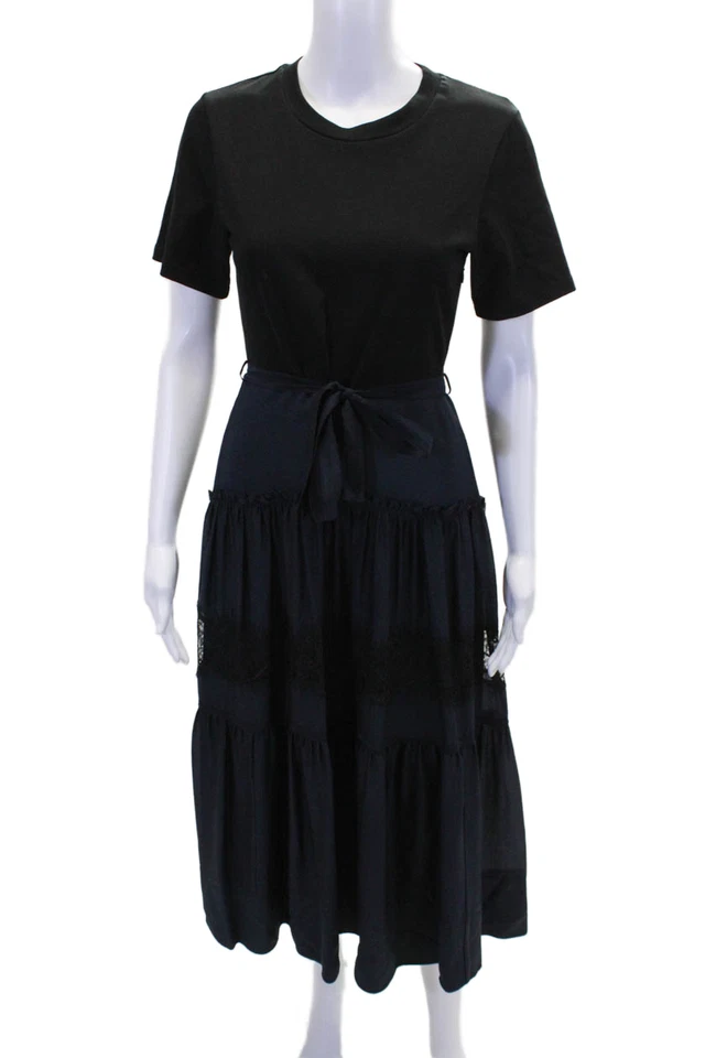 3.1 Phillip Lim Womens Short Sleeve Scoop Neck Lace Trim Dress Navy Black Size 2 - Image 1 of 4