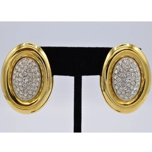 Givenchy Vintage Clip On Earrings Pave Crystal Gold Oval Chunky Signed 80s BinAF - Picture 1 of 12