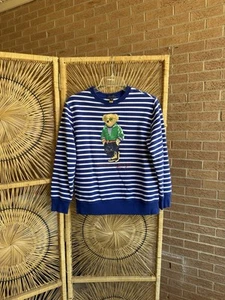 Polo Ralph Lauren Boys Blue White Striped Bear Crewneck Sweater Size L - Picture 1 of 6