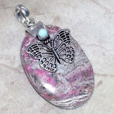 Butterfly Cobalt Calcite Larimar 925 Silver Plated Cap Pendant 2.2" GW - Image 1 of 3