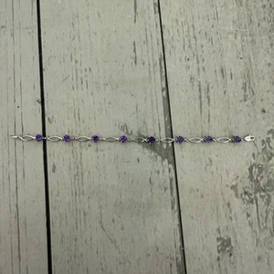 Women’s 10K White Gold Heart Lab Amethyst Tennis Bracelet 7" Lobster Clasp 4g - Picture 1 of 7