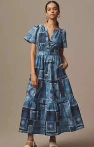 Anthropologie The Somerset Maxi Dress Blue Jean Motif Western Size M Petite NWT - Picture 1 of 4