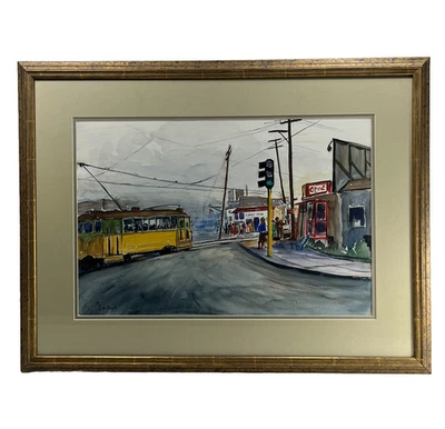 ALVA LATOUR 1940S EARLY LOS ANGELES RAILROAD RAILWAY STREETCAR TRAIN PAINTING - Image 1 of 4