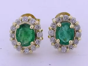 E061-Gorgeous Genuine 9ct Yellow Gold NATURAL Emerald & Diamond Cluster Earrings - Bild 1 von 2
