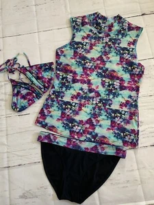 Athleta Tankini 3-Pc Swim Set S RashGuard/Bikini Top & Bottom Floral Fade - Picture 1 of 12
