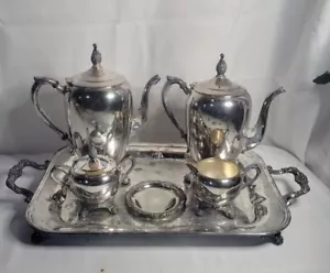 Set da tè vintage Silverplate vassoio da servizio caffè pentola da tè crema ciotola di zucchero - Foto 1 di 14