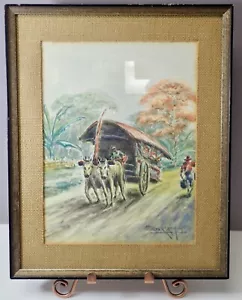 Vintage Southeast Asian Painting of Ox Drawn Cart w/ Broken Axle Signed & Framed - Picture 1 of 13