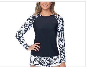 Raisins Juniors' Printed-Sleeve Back-Zip Rashguard Top - Black/white Size Small - Picture 1 of 5