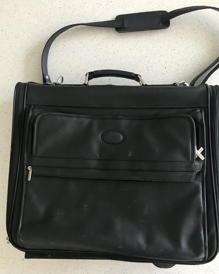 Brookstone Wheeled Black Leather Deluxe Garment Bag Bi-Fold Style 38x22x6  - Image 1 of 4