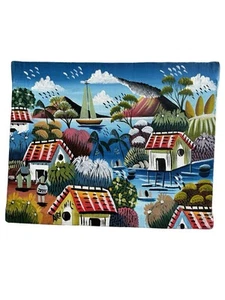Nicaraguan Folk Art Hand Painted Signed Oil Canvas Painting 8”x10" Village Life - Picture 1 of 5