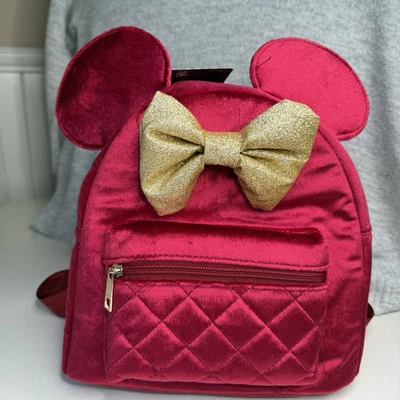 NUEVA Mini Mochila Disney Minnie Mouse Terciopelo Rojo y Dorado 3D Arco y Orejas Nueva con Etiquetas Foto 1 de 4