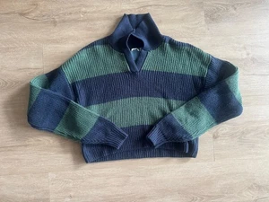 Hollister NWT Womens Cable-Knit cropped Striped Sweater SZ XS Green And Blue - Picture 1 of 6