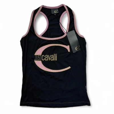 JUST CAVALLI Top canotta nera logo rosa Tg S - NUOVO - Imagen 1 de 4