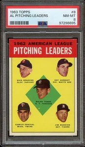 1963 TOPPS #8 AL PITCHING TERRY/DONOVAN/HERBERT/PASCUAL/BUNNING PSA 8  - Foto 1 di 2