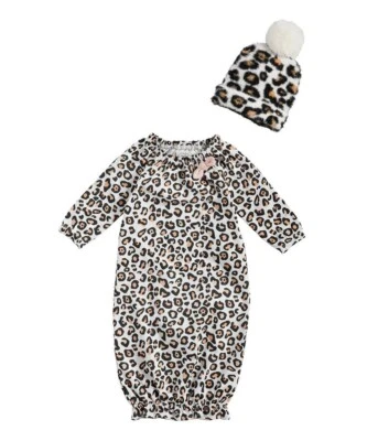 NOVO Conjunto de Gorro Mud Pie Leopard Sleeper Dress and Faux Fur Pom Novo na caixa/0-3M - Imagem 1 de 2