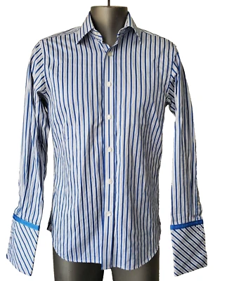 Ted Baker Endurance Button Down Shirt Men 15.5 White Blue Stripe French Cuff - Imagem 1 de 4