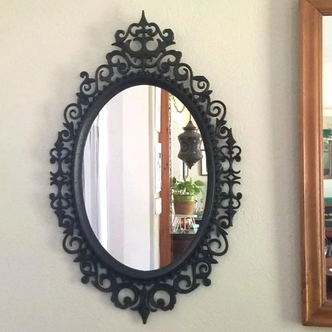 1977 Burwood Oval Mirror Plastic Ornate Black Frame 31" tall 19" Wide Cover