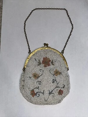 Antique Victorian Micro Beaded Embroidered Flower Evening Bag Purse Belgium - Image 1 of 4
