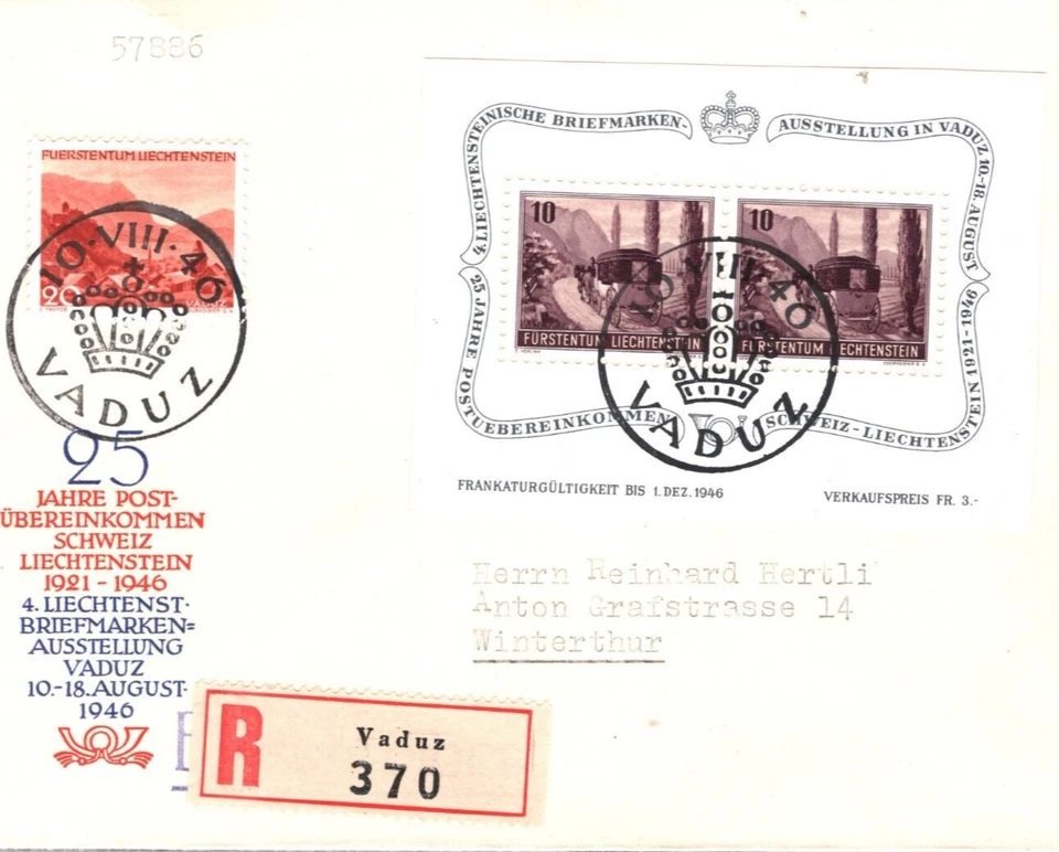 LIECHTENSTEIN Air 1946 FDC Mail-Coach *MINIATURE SHEET* First Day Cover KA259 - Image 1 of 4