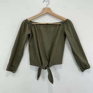 Kookai Crop Top Women 1 (AU 10) Olive Green Boat Neck Waist Tie Stretch Casual - Picture 1 of 7