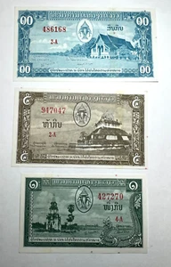 1957 Laos 1,5,10 Kip, One Five & Ten, Crisp AU/UNC, 3 notes - Picture 1 of 2