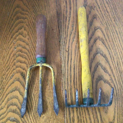 Vintage Garden Hand Tool,  Fork ,Claw Yellow, Metal, Wood Handles Cover