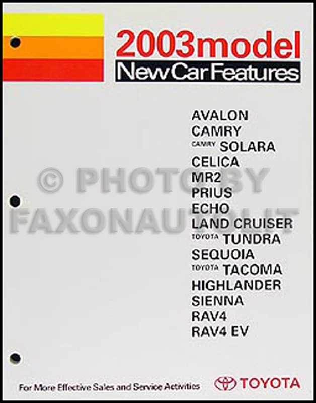2003 Toyota Nuovo Auto Caratteristiche Manuale - Modello Codici Misure - Immagine 1 di 1