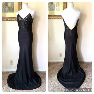 Vtg 90s Formal Dress 1001 Night Black Size 0 XS Glitter Backless Long Train Bead - Picture 1 of 16