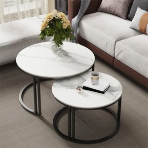WISFOR Tavolino da nido rotondo 2 pz tavolino da caffè top in vero marmo 22,45/27,55" - Foto 1 di 19