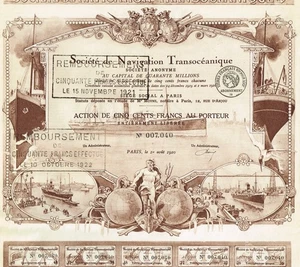 FRANCE TRANSOCEANIC NAVIGATION COMPANY 1920 certificado de stock/bono - Imagen 1 de 2