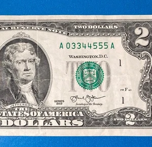 А 03344555 A : Partial LADDER $2 Two Dollar Bill Fancy Serial Number - Picture 1 of 3