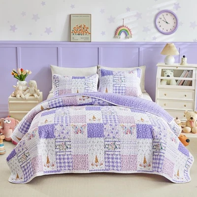 Twin Size Quilt Set for Girls, Purple Butterflies n Flowers Patchwork Design,... - Image 1 of 4