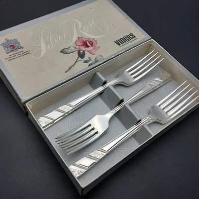 Viners Silver Rose Set Of 6 Dessert Forks Original Box Plated Vintage - image 1 of 3