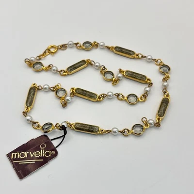Vintage Marvella Bar Necklace Gold Tone Faux Pearl Crystal Bead Station Chain 18 - Image 1 of 4
