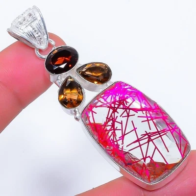 Quarzo rutilato rosa, pietra preziosa fumè ciondolo gioiello in argento... - Immagine 1 di 4