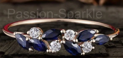 0.5ct Marquise Natural Blue Sapphire Cluster Wedding Band 14K SOLID Rose Gold - Image 1 of 4