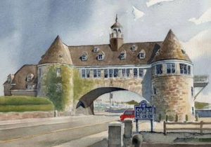 Imán para nevera Narragansett Towers Rhode Island. Paisaje de acuarela James Mann - Imagen 1 de 2