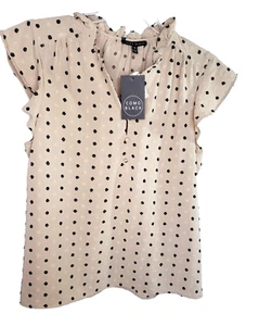 Womens XL Cap Short Sleeve Blouse Beige Swiss Black Polka Dot Ruffle Neck NWT - Picture 1 of 11
