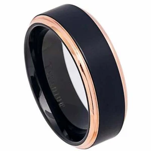 8mm Men or Woman Black Titanium Rose Gold Edges Engagement Wedding Band Ring - Picture 1 of 1