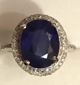 Anillo de diamantes reales de oro blanco sólido de zafiro natural de 14 K de 6,15 quilates - Imagen 1 de 11